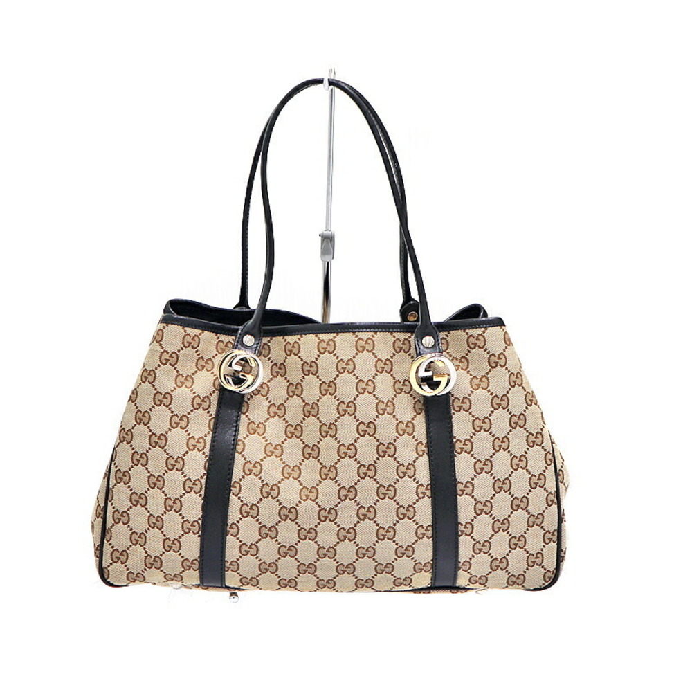 Gucci Tote Bag Canvas Leather Beige Black